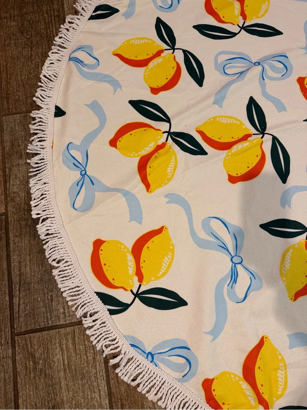56” Round lemon/ Bow Print Fringe Beach Towel/ Blanket - NWOT